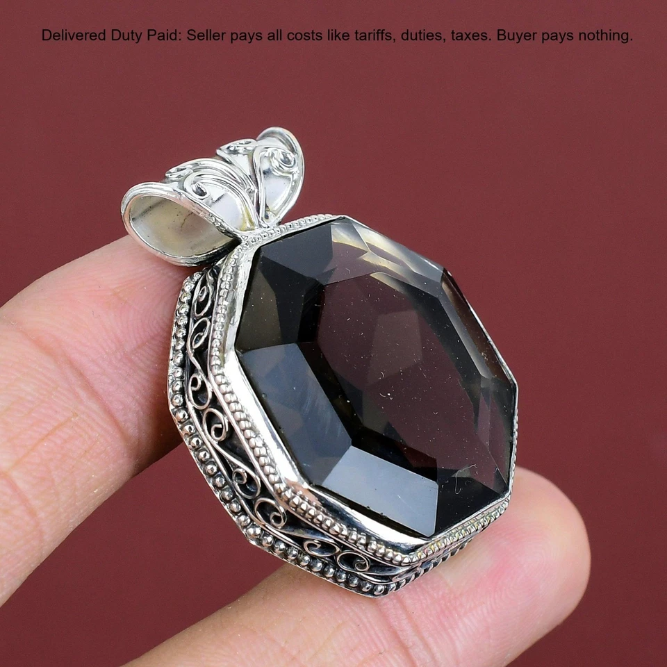 Oferta Black Friday 925 Plata Cuarzo Ahumado Piedras Preciosas Bisel Vintage Colgante Joyería Foto 4 de 4