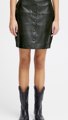 ICHI LEANI Faux Leather Button-Front Mini Skirt - Black