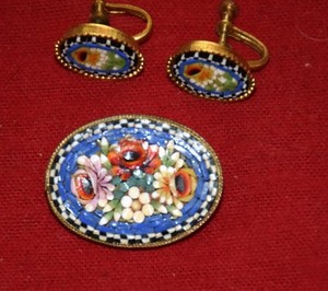 Vintage Italian Micro Mosaic Brooch and ear bobs Made in Italy Floral, Colorful
