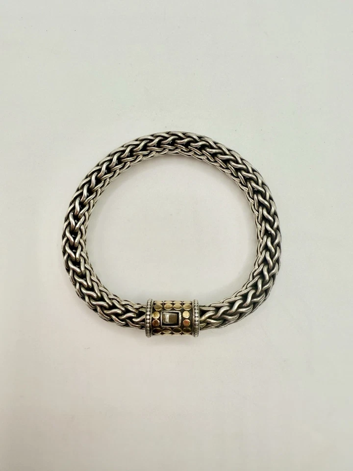 "Brazalete de trigo de plata esterlina de 10 mm con punto de oro icono de 18 k John Hardy 7,5"" | 64 g" Foto 2 de 4