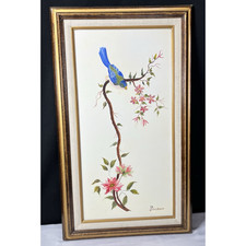Original Blue Bird Bluejay Art on Branch Signed Brickman Framed 1980s Vintage