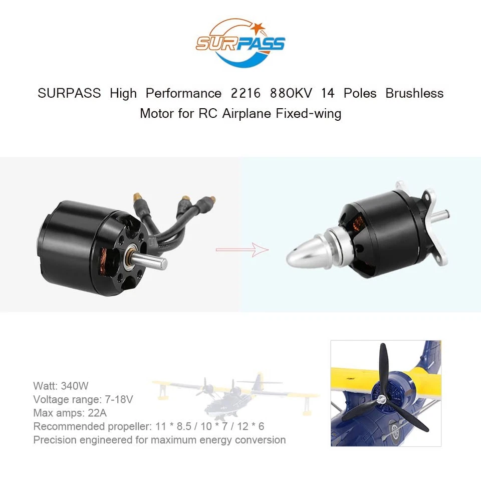 Motor sin escobillas Goolsk SURPASS 2216 880KV 14 polos, avión RC, ala fija Foto 3 de 4
