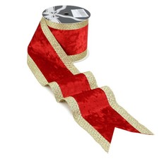 4 Red Christmas Crushed Velvet Wired Ribbon with Gold Glitter Stripe Edges - ...