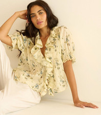 DÔEN Henri Sunshine Prairie Rose Floral Yellow Cotton Women's Blouse Tunic Top S