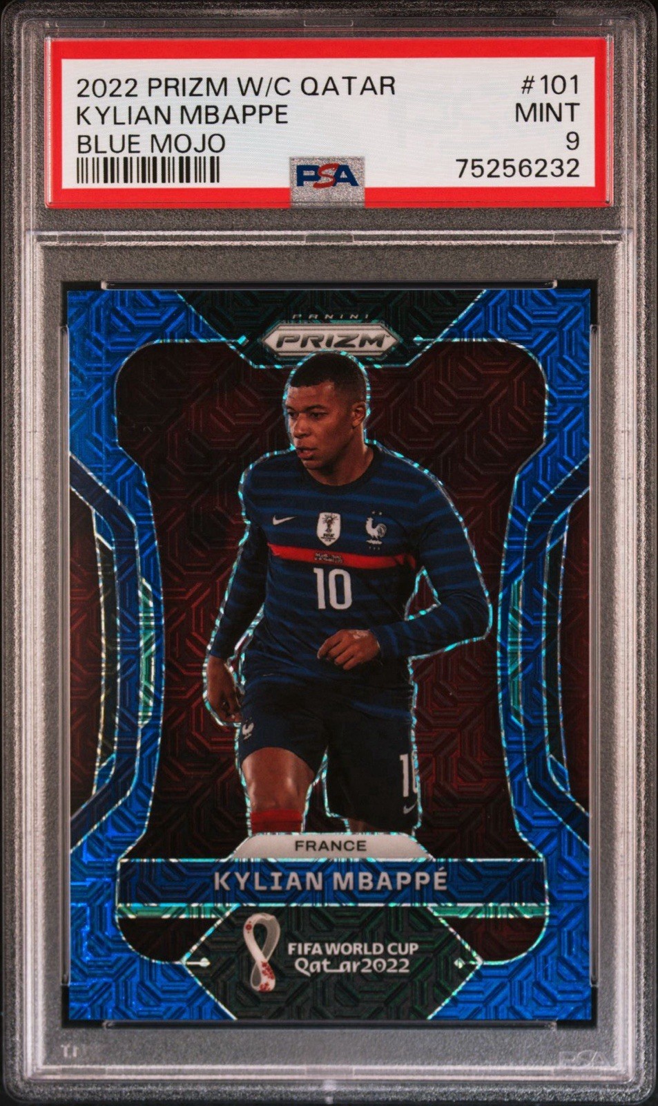 2022 Panini Prizm World Cup Kylian Mbappe #101 Blue Mojo /75 color match PSA 9