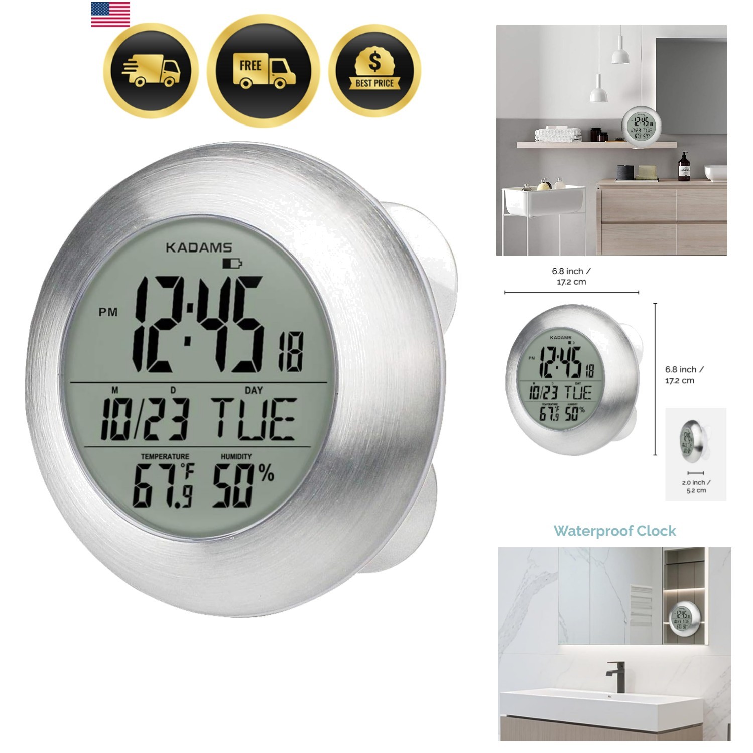 Bathroom Shower Digital Wall Clock 9.5'' Kitchen Clock Calendar Water Resista...