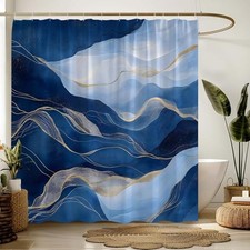 Navy Marble Shower Curtain Abstract Marbled Gold Ink Texture 70"Wx70"H Blue