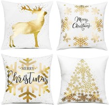 Christmas Gold White Throw Pillow Covers 20x20 Inch Set of 4 Snowflakes Decor...