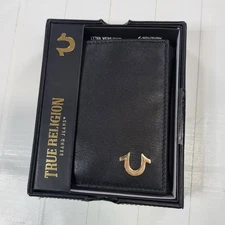 True Religion Leather Trifold Wallet Gold Logo Mens New Giftbox With Tag Rfid