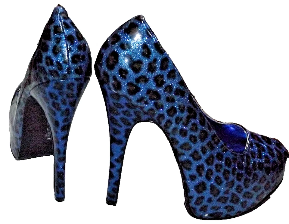 Zapato de Tacón Bordello 6.5" Azul Estampado Animal, Talla 9 Poco Uso Foto 2 de 4