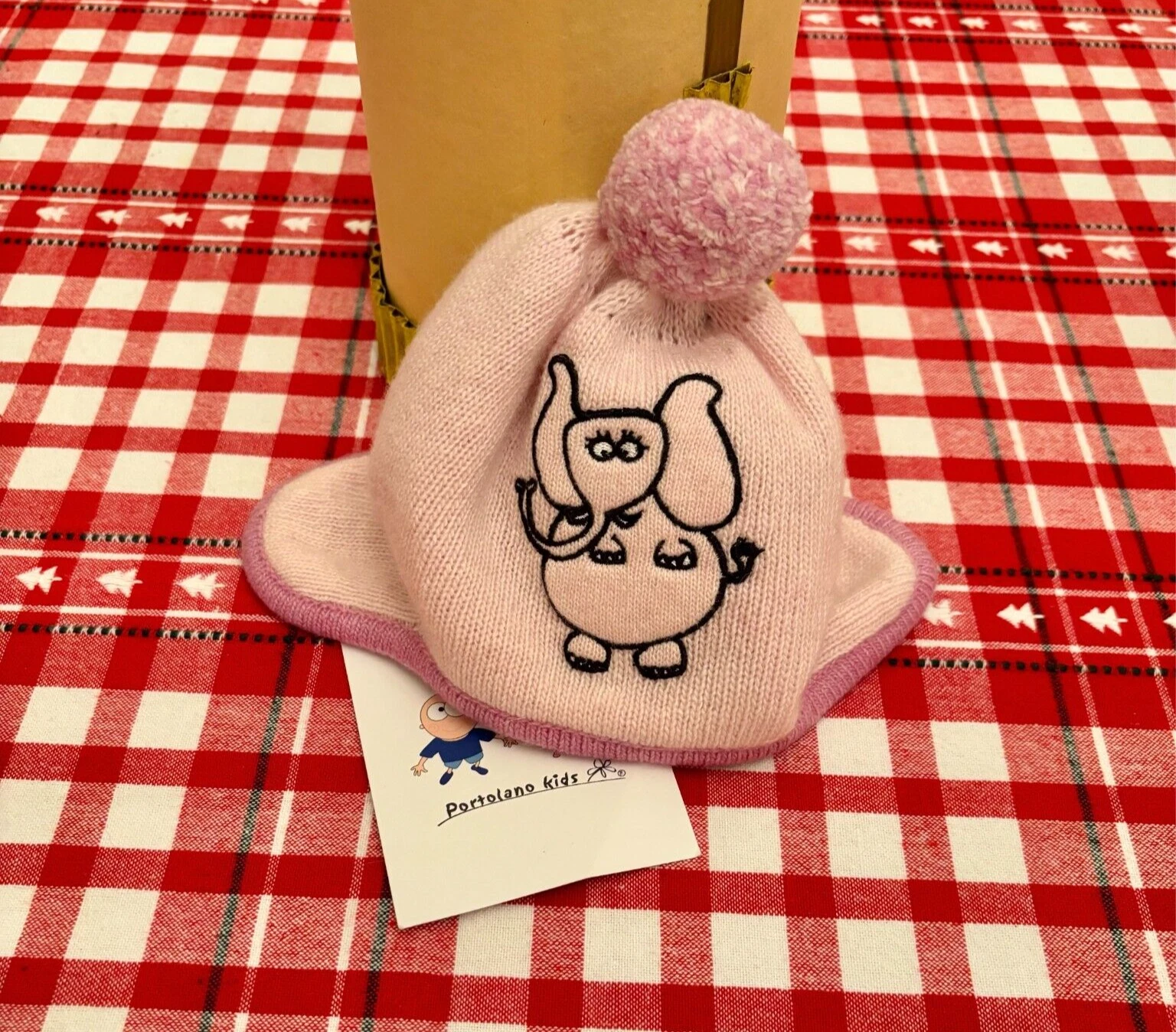 NWT $89 PORTOLANO BABY ANIMAL HAT Pompom Wool Cashmere Angora & Felt 3-6 months