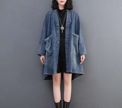 Women Denim Jacket Casual V-neck Button Coats Loose Retro jackets Gift - Imagen 6 de 7