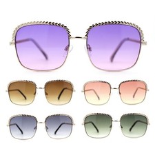Understated Rectangle Chain Jewel Brow Trim Fashion Sunglasses