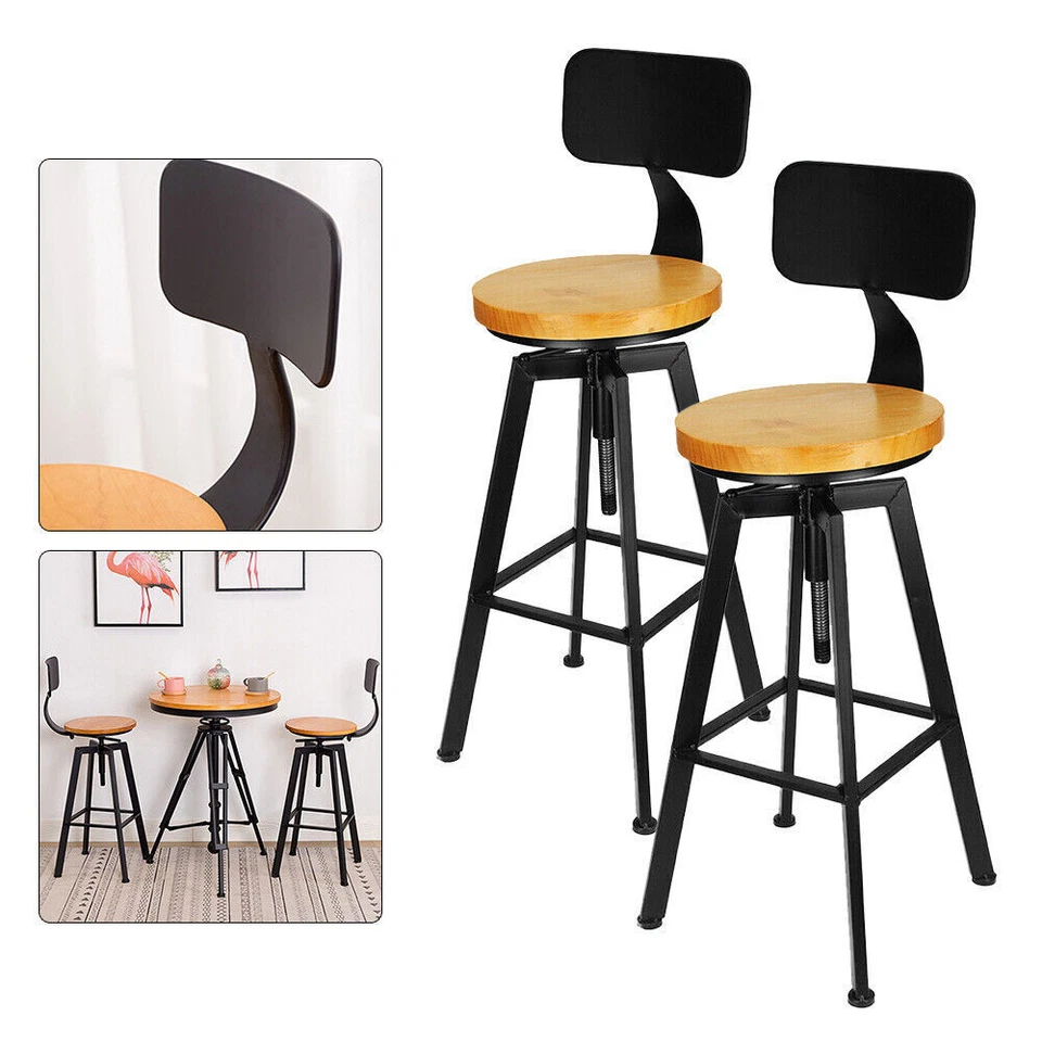 2X Retro Barhocker mit Rückenlehne Metall Pedal & Verstellbar Holz Vintage Stühl - Bild 4 von 4