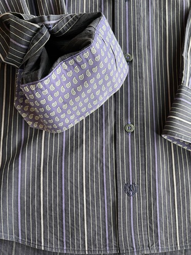 BUGATCHI Uomo brown with purple stripes LS button up shirt size L flip cuffs - Picture 5 of 21