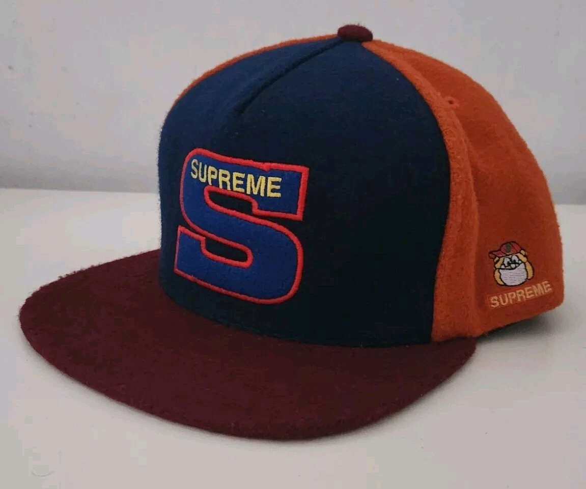 Casquette FW15 Supreme Milano feutre 5 panneaux noir bleu orange chapeau laine rare 2015 logo S