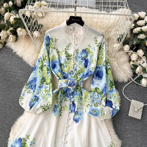 Elegant Gorgeous Floral Bohemian Dress Spring Women Stand Long Lantern Sleeve - Picture 4 of 5
