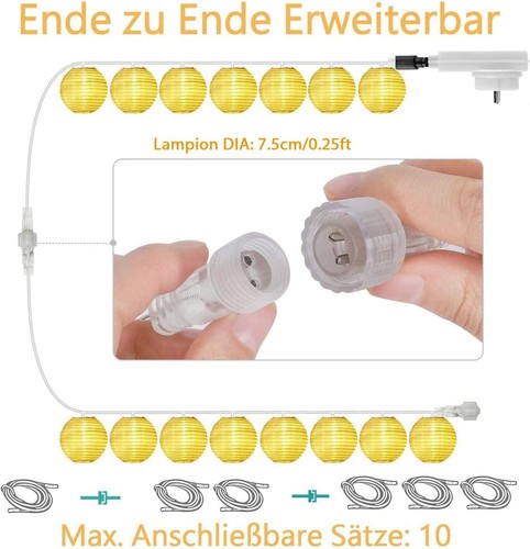 10m LED Lichterkette Außen 40 LEDs Laternen wetterfest mit Fernbedienung - Bild 9 von 13