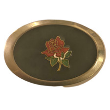 Women's Rose Flower Belt Buckle Silver Tone Black Red Floral Vintage Oval Shape