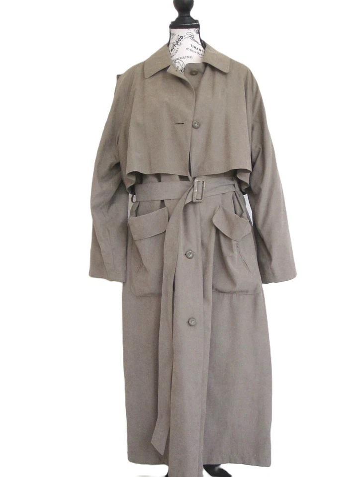 Maxi gabardina London Fog para mujer color topo de un solo pecho con cinturón talla 8