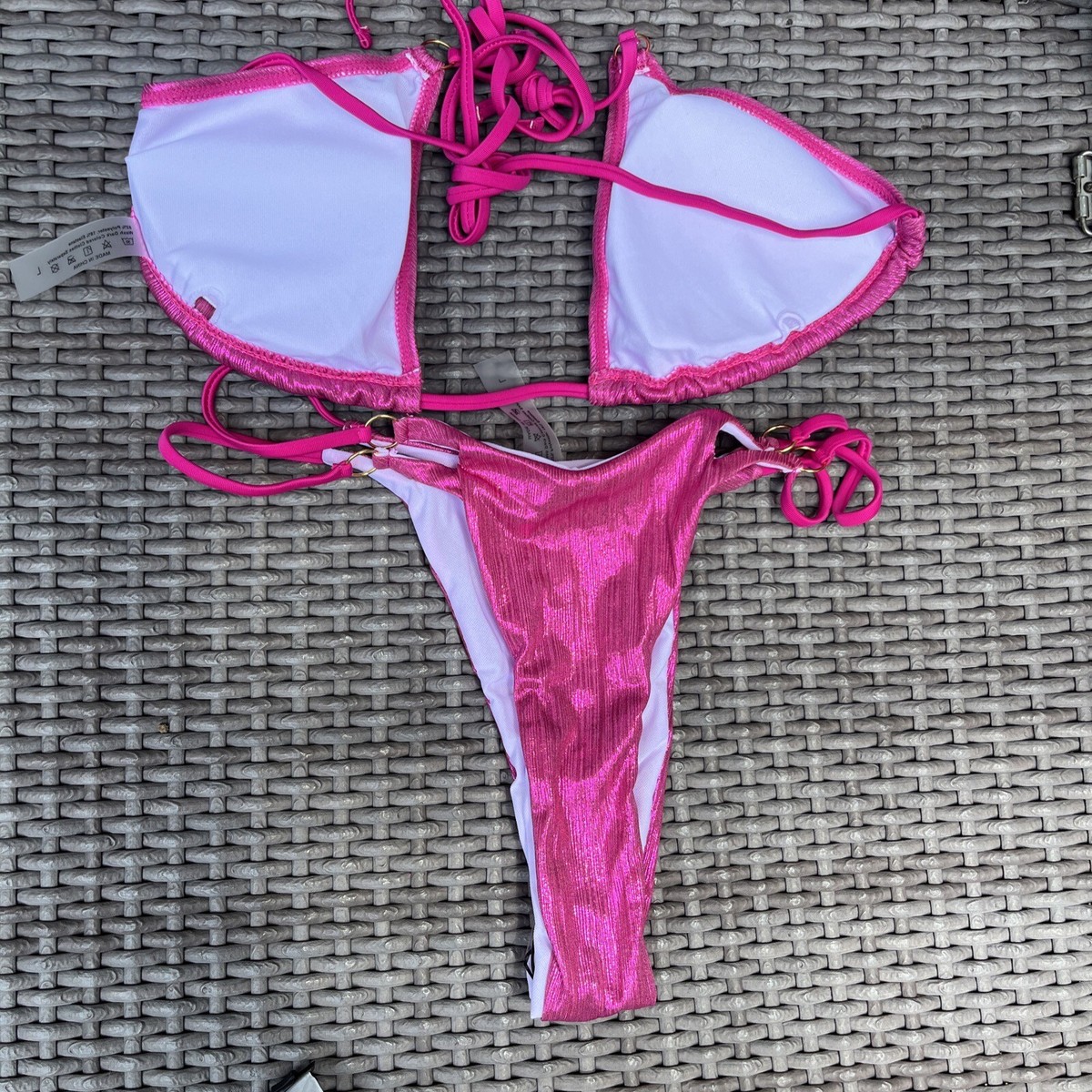 SHEIN Shiny pink Metallic thong Triangle Bikini Swimsuit