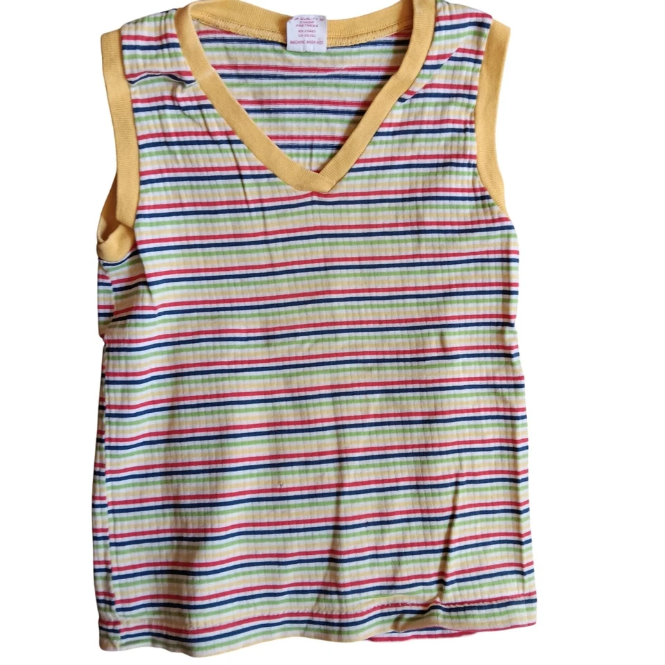 Camiseta Buster marrón vintage de 6/7 para niños años 70 sin mangas a rayas puntada única Foto 2 de 4