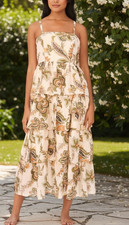 MSK White Olive Floral Tiered Ruffle Summer Wedding Derby Midi Dress sz XL NWT