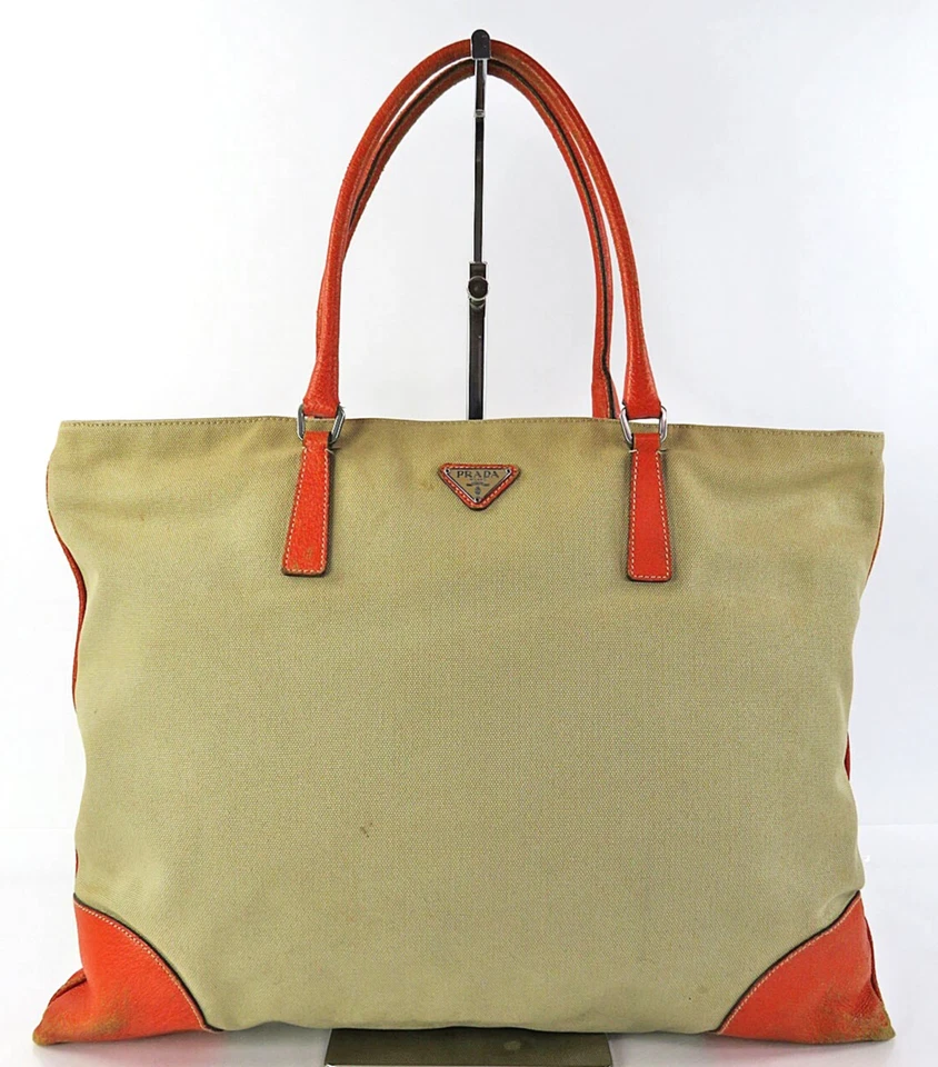 Подлинный PRADA бежевый холст и оранжевый кожаный сумка с короткими ручками ручная сумка сумочка #60959 - Изображение 2 из 4