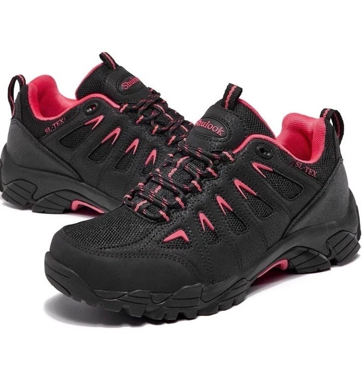 Hiking Shoes Women Waterproof Camping Footwear Walking Boots （Black Red UK 6 (A)