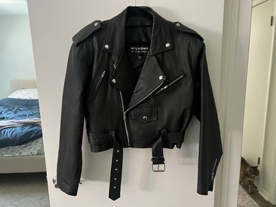 Wilsons Women's M Black Leather Biker Moto Belted Vintage Jacket