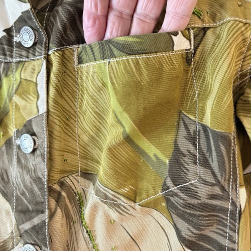 CHICOS DESIGN Denim Jacket Green Floral Leaf Beads Size 1 (8/10) Cotton Pockets - Picture 8 of 16