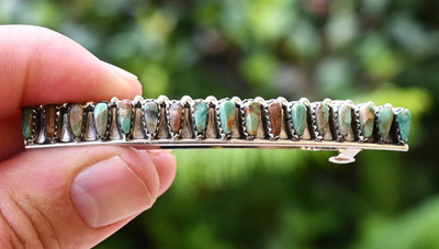 New Navajo by D Benally Hair Barrette Sterling & 17 Mojave Turquoise gems 3 inch