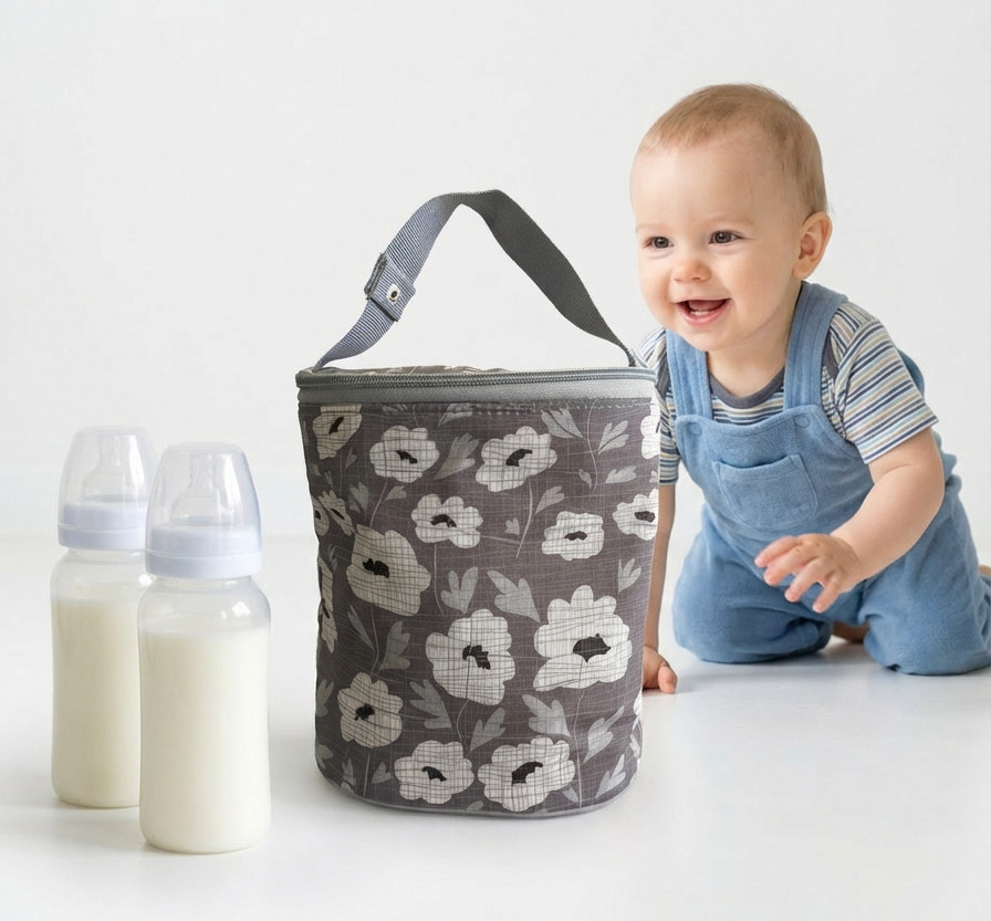 Insulated Double Baby Bottle Bag Tote In Gray Floral - Keeps