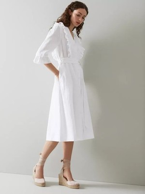 LK Bennett DR Anya Leinenkleid UK 10 weiß Rüschen Rüschen Midi UVP 279£ Gürtel