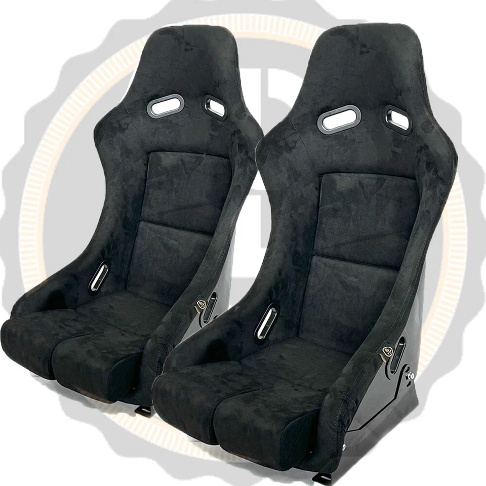 Pair BB5 Suede Large Fixed Fibreglass Racing Bucket Seats + Side Mounts Runners