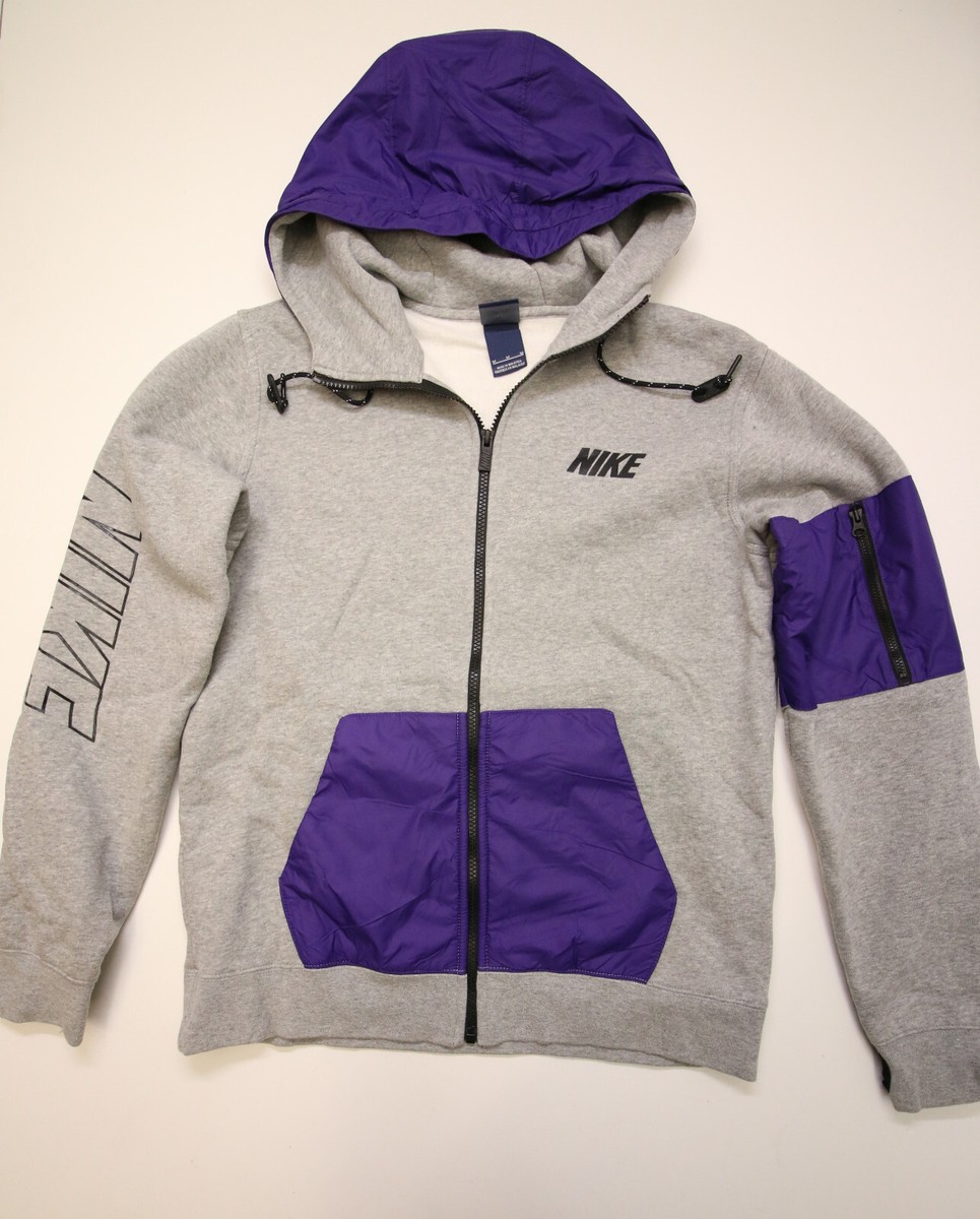 Nike Patchwork Fleece Hooded Zip Jacket M Spellout Gray Purple