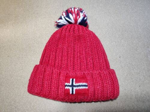 Chapeau Napapijri Geographic Red Beanie taille M tricoté drapeau norvégien pom pom bobble - Photo 1/8