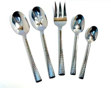 Hampton Forge Tomodachi Hammered Serving Set Fork Spoon Slotted Spoon + 2 Spoons
