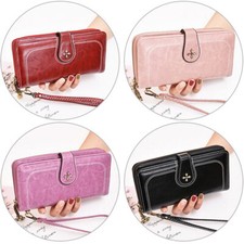 Women's Leather RFID Blk Zip Around Clutch Wallet with Wristlet Strap Bag Gifts