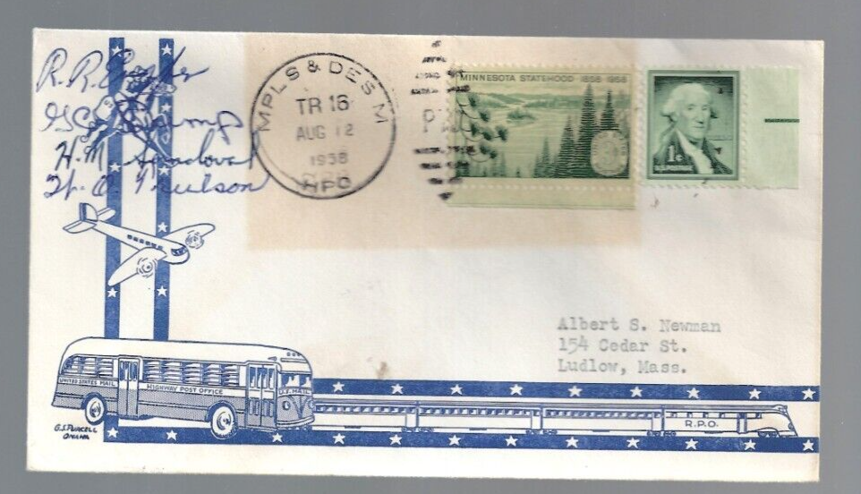 1958 Highway Post Office cover Mpls(Minn) & Des M(Iowa) Tr 16 blue