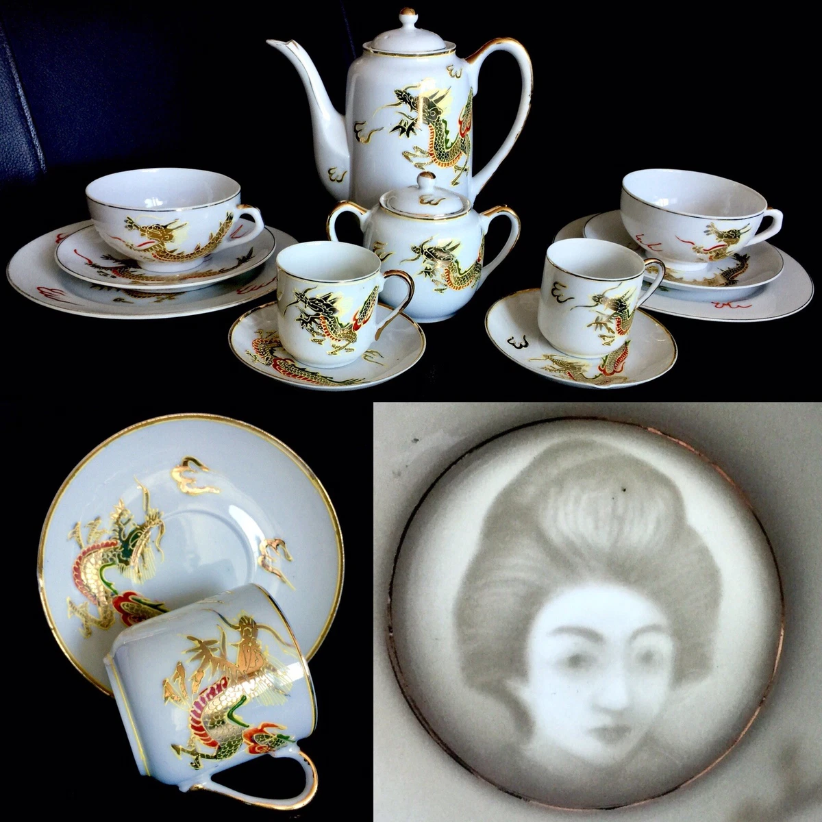 Japanese Lithophane Geisha Girl Eggshell China Dragon Ware Tea Set 12 Pieces