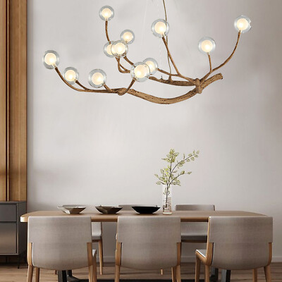 36W Glass Bubble LED Chandelier Pendant Ceiling Light Wood Branch Hanging Lamp