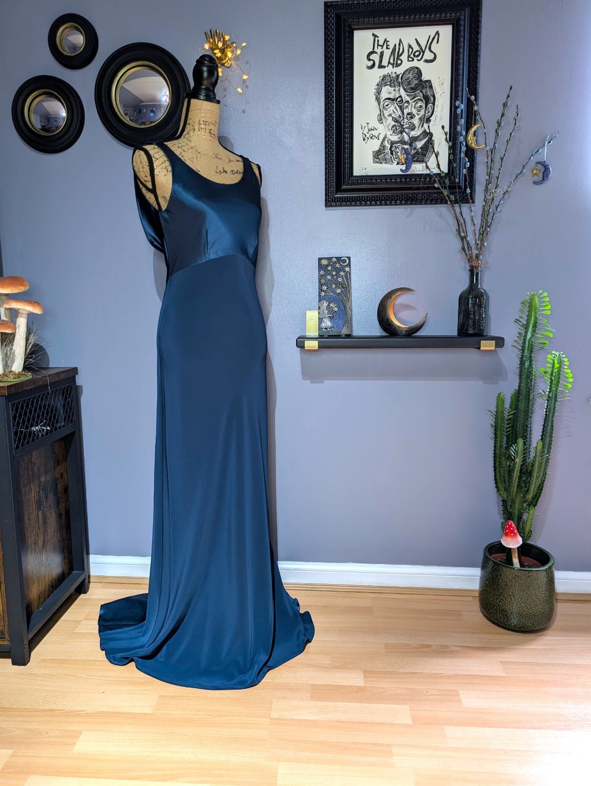 90s Y2K Monsoon Peacock Blue Long Bias Cut Mermaid Dress UK 8/10 (US 6)