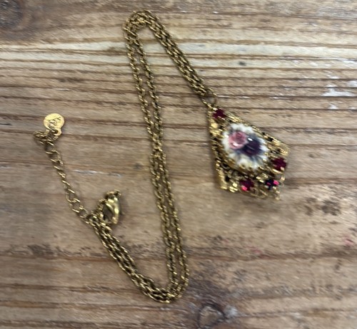 Collana Vintage Tono Oro Firmata AH Germania Ciondolo Floreale Dichiarazione - Foto 3 di 3