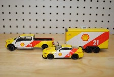 1/64 Greenlight Shell 2019 Ford F-350 Lariat & 2021 Mustang Mach 1 w/Car Hauler