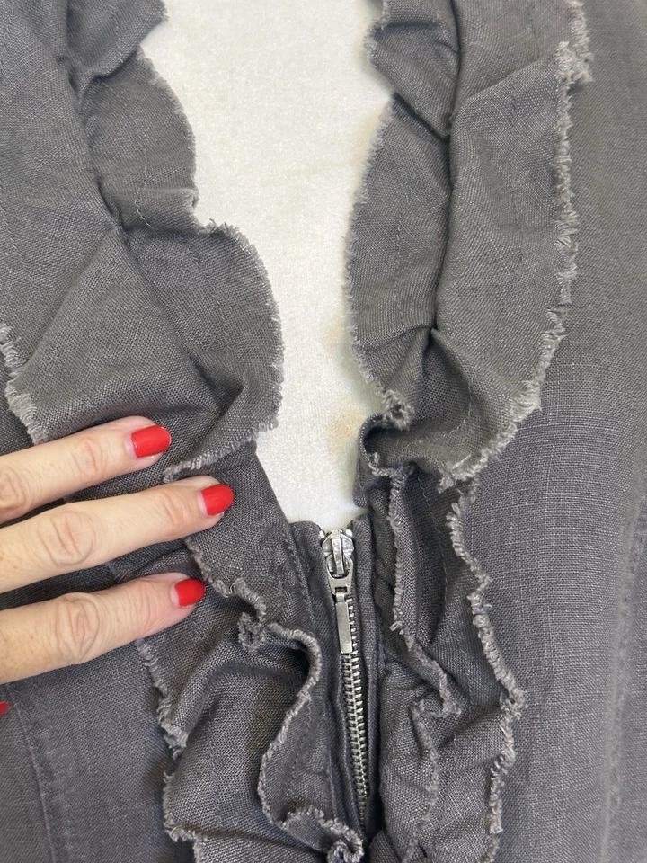 INC INTERNATIONAL CONCEPTS Size M Gray Linen Fringe Ruffle Zip Jacket Boho - Image 4 of 4