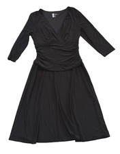 Nine West Fit & Flare Black Stretchy Knit Ruched Waist Dress V-Neck Size 10