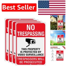 Set of 4 Large 14x10 No Trespassing Signs with Video Surveillance Warning
