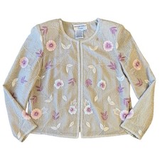 VTG Adrianna Papell Occasion Blazer Fully Beaded Floral Silk 80s Beige Petite 8P