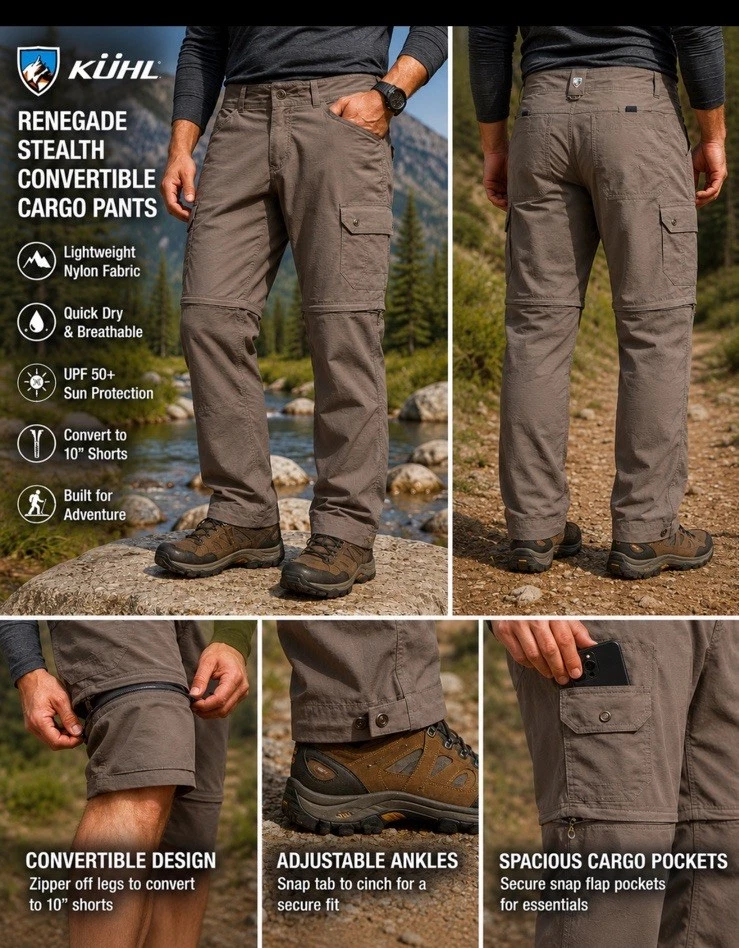 KUHL Renegade Convertible Stealth Nylon Cargo Pants Mens Sz 30x32 Brown Hiking
Opens in a new window